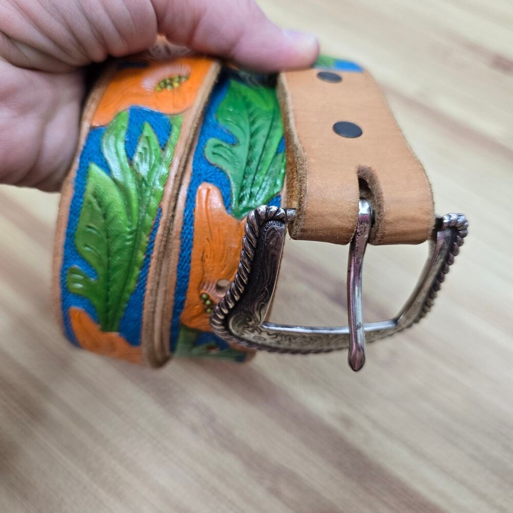 Vintage Hand-Painted Tooled Floral Orange Green Blue Tan Leather Western Belt